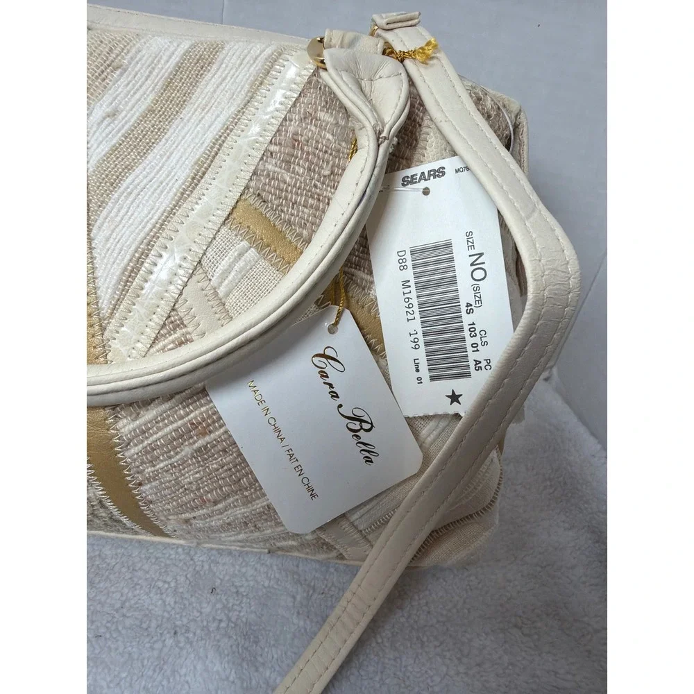 NWT VTG 90s Cara Bella Cream Woven Patchwork Satchel Crossbody Bag‎ Gold Accents